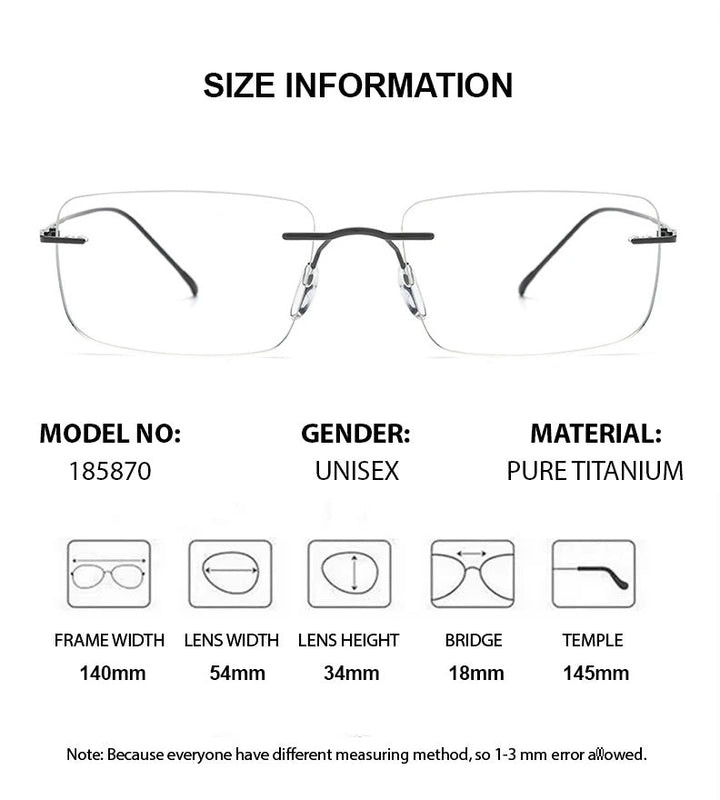 Chashma Unisex Rimless Square Titanium Eyeglasses 185870 - Size Chart