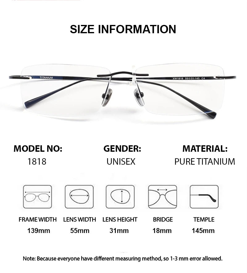 Chashma Unisex Rimless Square Titanium Eyeglasses 881818 - Size Chart
