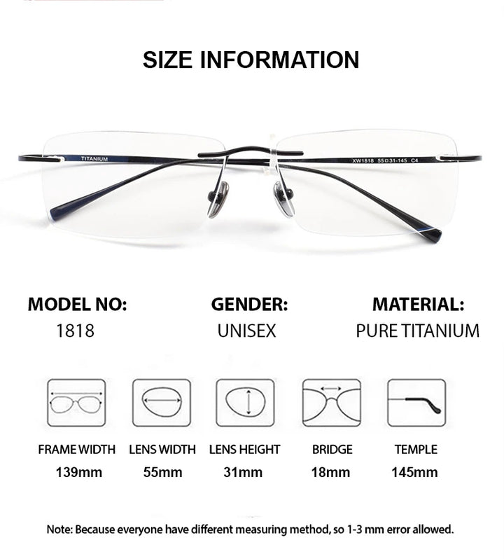 Chashma Unisex Rimless Square Titanium Eyeglasses 881818 - Size Chart