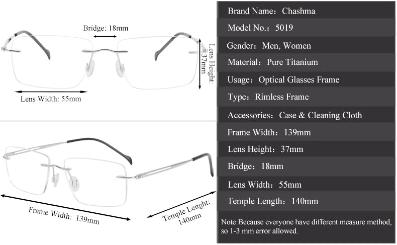 Chashma Unisex Rimless Square Titanium Eyeglasses 875019 - Size Chart