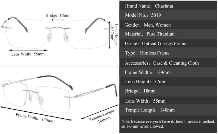 Chashma Unisex Rimless Square Titanium Eyeglasses 875019 - Size Chart