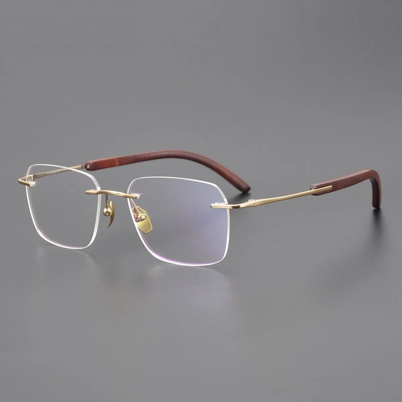 Chashma Unisex Rimless Square Titanium Sandalwood Eyeglasses 723246 - Gold-Red Rosewood