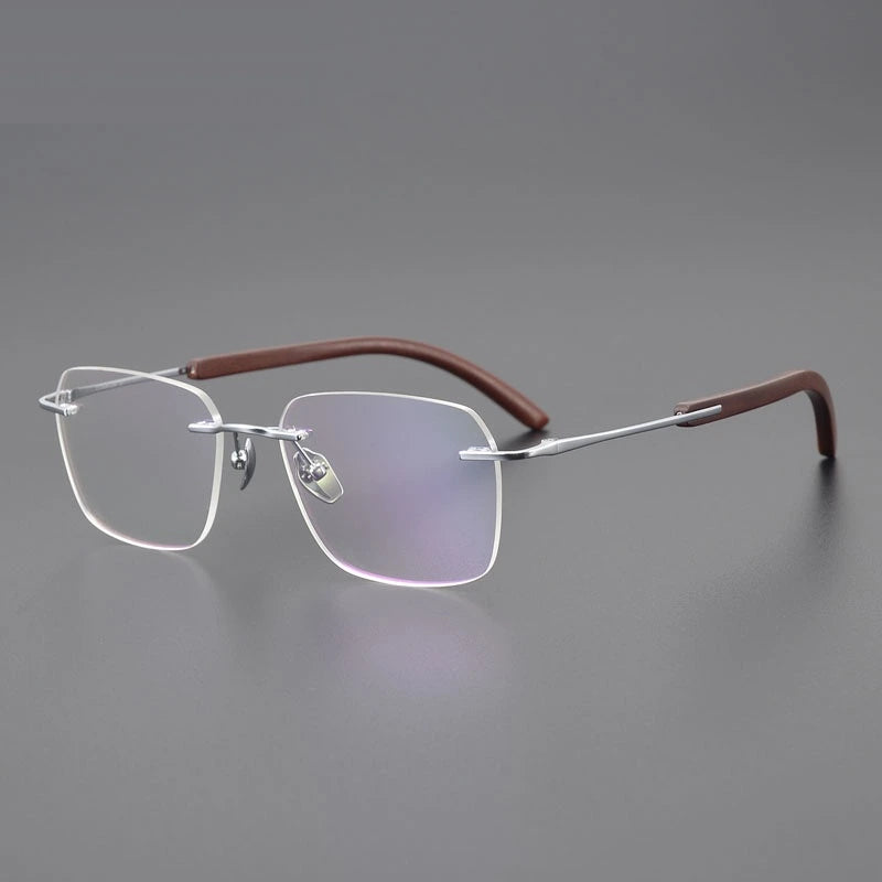 Chashma Unisex Rimless Square Titanium Sandalwood Eyeglasses 723246 - Silver- Red Sndlwood