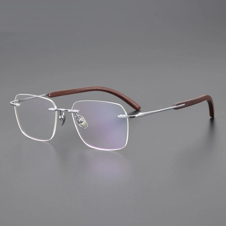 Chashma Unisex Rimless Square Titanium Sandalwood Eyeglasses 723246 - Silver- Red Sndlwood