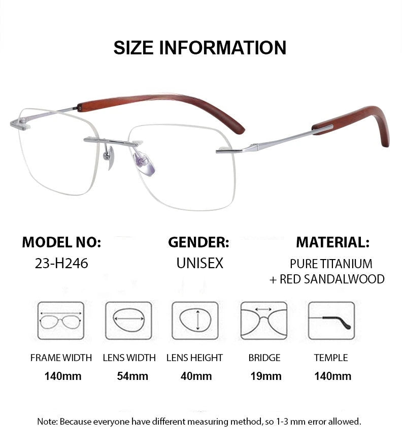 Chashma Unisex Rimless Square Titanium Sandalwood Eyeglasses 723246 - Size Chart