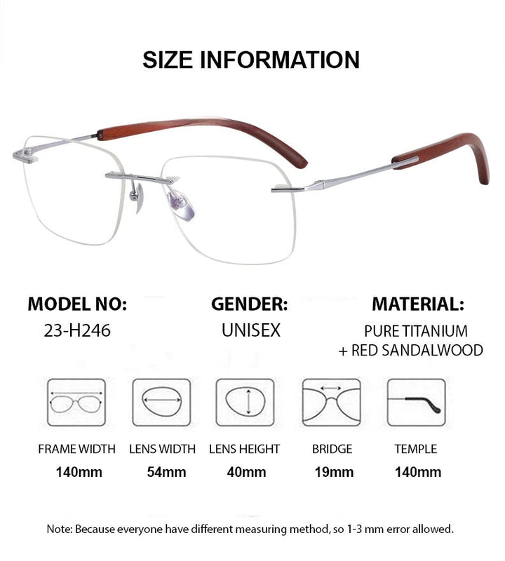 Chashma Unisex Rimless Square Titanium Sandalwood Eyeglasses 723246 - Size Chart