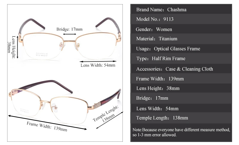Chashma Unisex Semi Rim Oval Titanium Eyeglasses 39113 - Size Chart