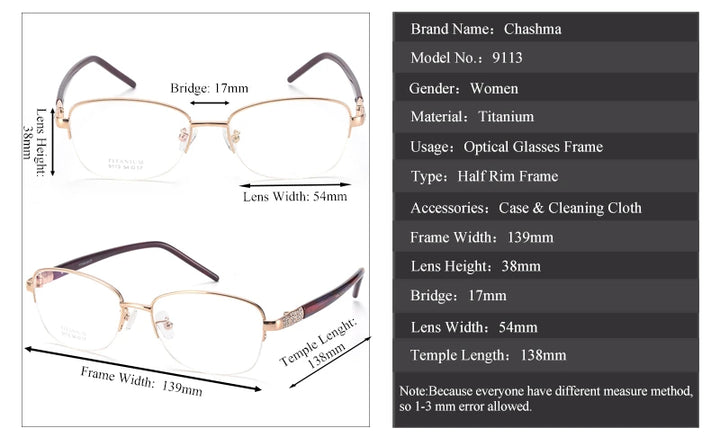 Chashma Unisex Semi Rim Oval Titanium Eyeglasses 39113 - Size Chart