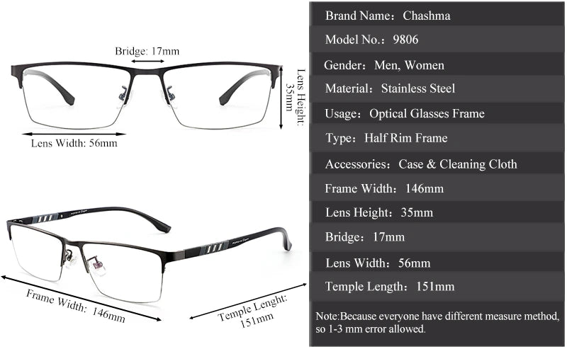 Chashma Unisex Semi Rim Stainless Steel Frame Eyeglasses - Size Chart