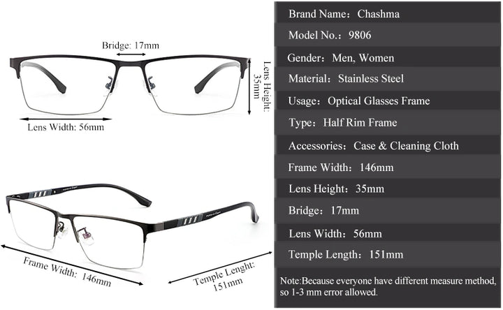 Chashma Unisex Semi Rim Stainless Steel Frame Eyeglasses - Size Chart