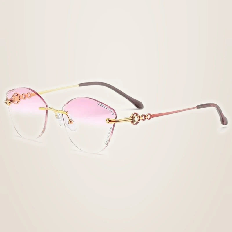 Chashma Women's Rimless Cat Eye Titanium Frame Diamond Cut Eyeglasses 9110 - Gold Red