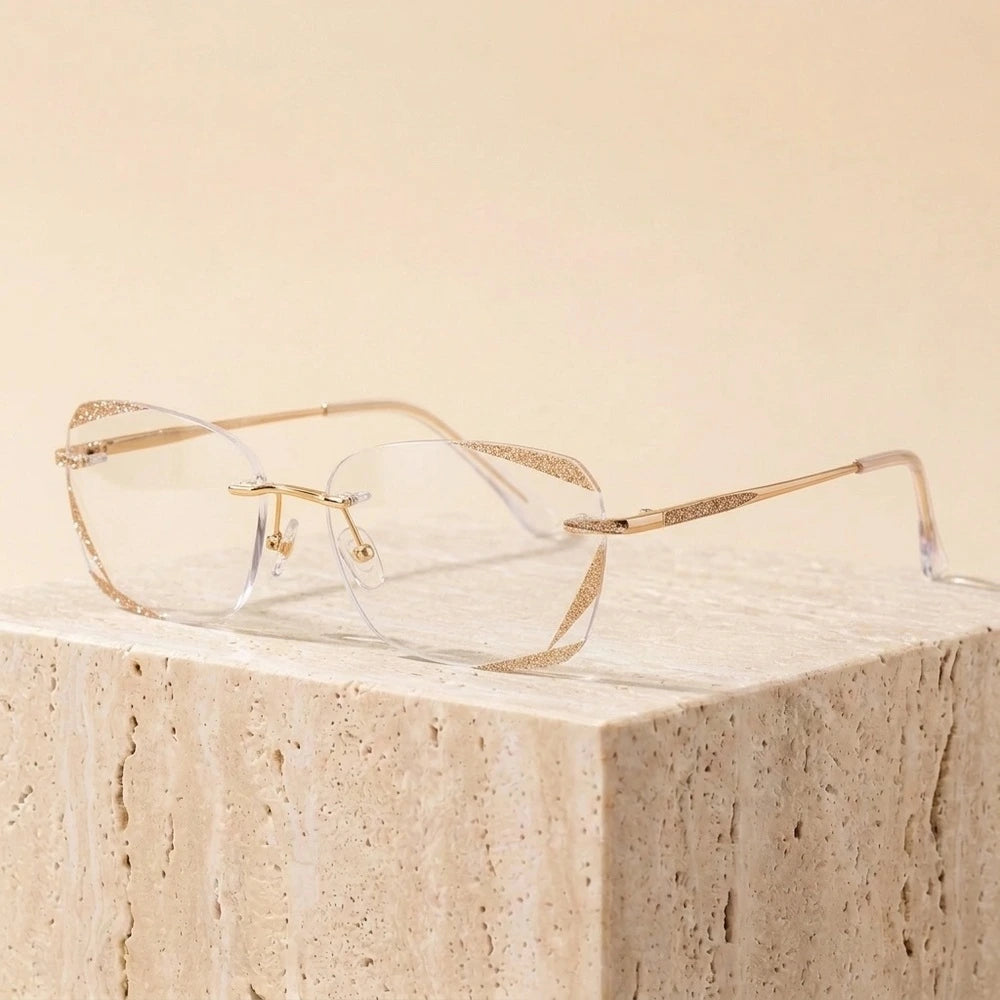 Chashma Women's Rimless Rectangle Titanium Glitter Edge Lens Eyeglasses 88606 - Gold Brown