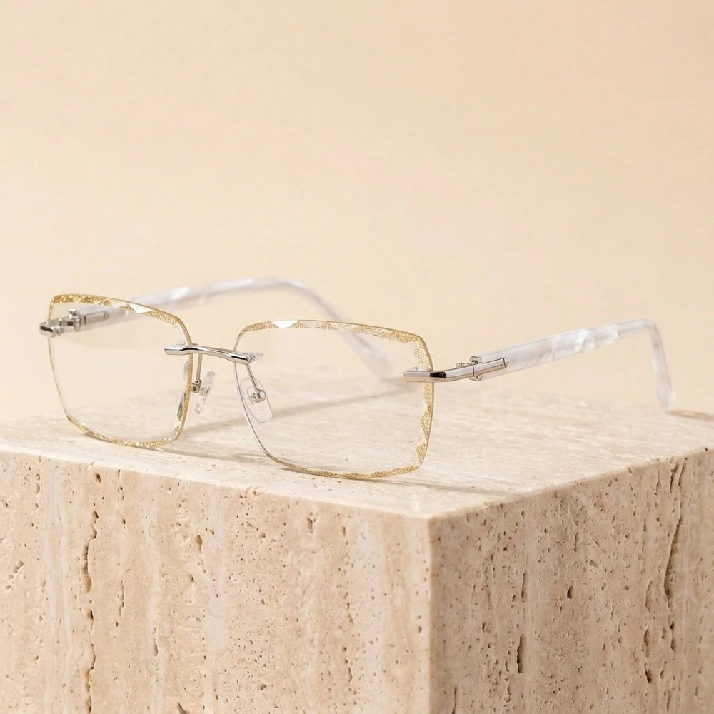 Chashma Women's Rimless Rectangle Titanium Glitter Edge Lens Eyeglasses 52025 - Gold Edge Lenses