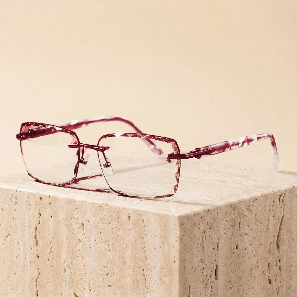 Chashma Women's Rimless Rectangle Titanium Glitter Edge Lens Eyeglasses 52025 - Gray Red Lenses