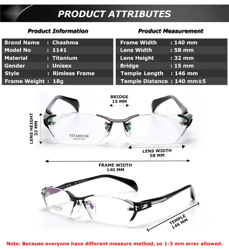 Chashma Ottica 1141 Eyeglasses — Frame Dimensions and Sizing Chart