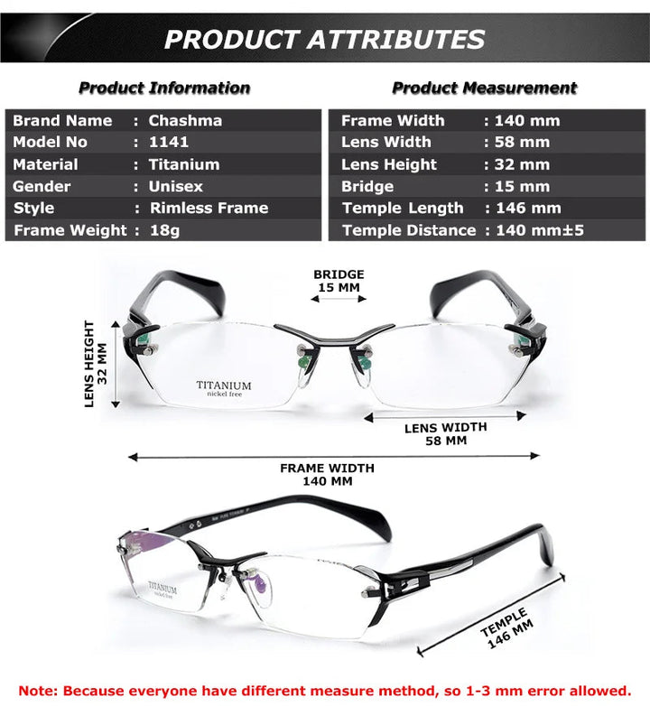 Chashma Ottica 1141 Eyeglasses — Frame Dimensions and Sizing Chart