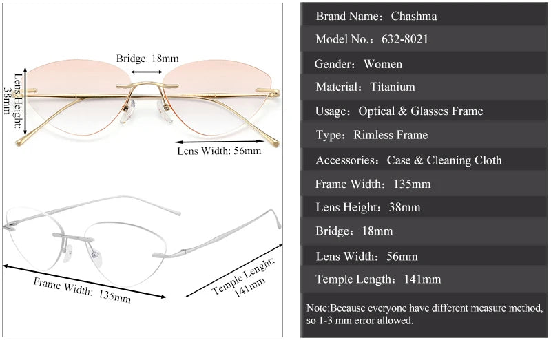 Chashma Ottica Unisex Rimless Triangle Cat Eye Titanium Eyeglasses 632