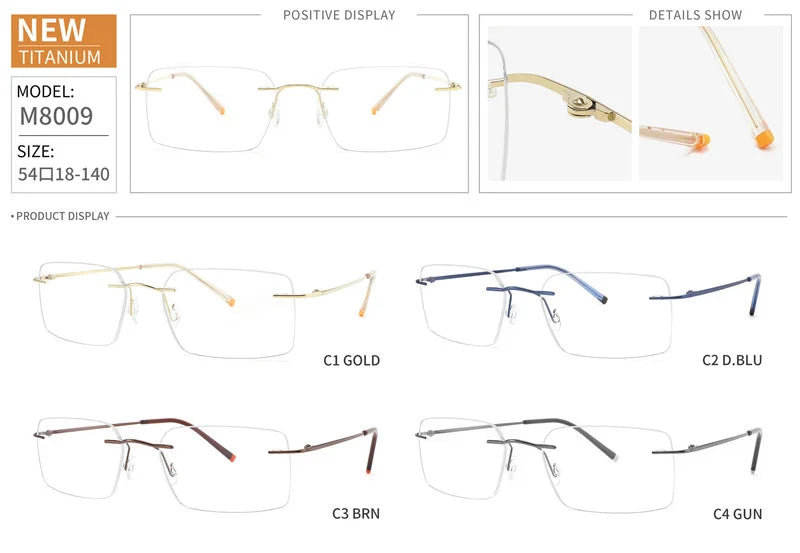Chashma Ottica Unisex Rimless Customized Shape Lens Square Titanium Eyeglasses 8009 - Size Chart