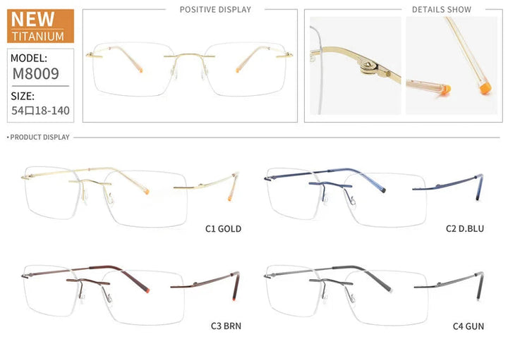 Chashma Ottica Unisex Rimless Customized Shape Lens Square Titanium Eyeglasses 8009 - Size Chart