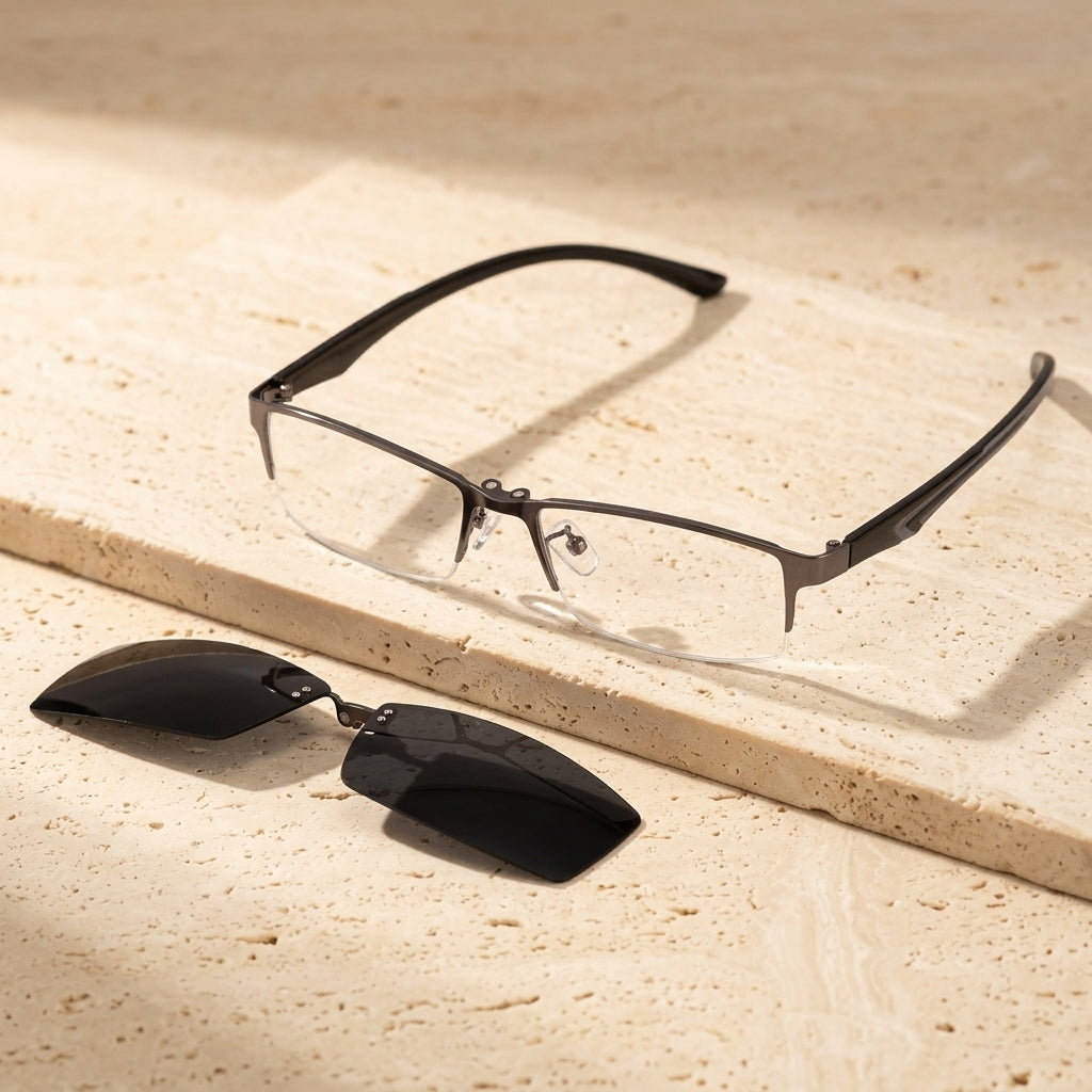 Chashma Ottica Men Semi Rim Square Eyeglasses Clip On Sunglasses 93244 - Cover