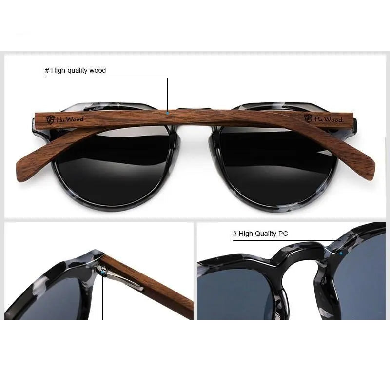Yimaruili Unisex Full Rim Round Wood Frame HD Polarized Sunglasses 8048