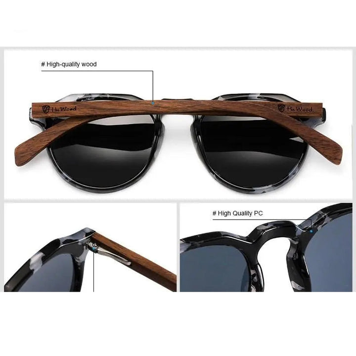 Yimaruili Unisex Full Rim Round Wood Frame HD Polarized Sunglasses 8048