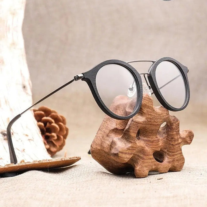 Hdcrafter Unisex Full Rim Round Wood Alloy Double Bridge Eyeglasses 4821