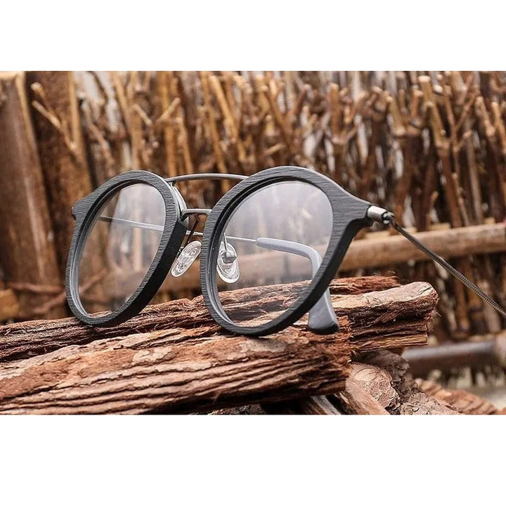 Hdcrafter Unisex Full Rim Round Wood Alloy Double Bridge Eyeglasses 4821