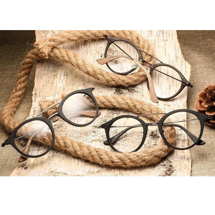 Hdcrafter Unisex Full Rim Round Wood Alloy Double Bridge Eyeglasses 4821