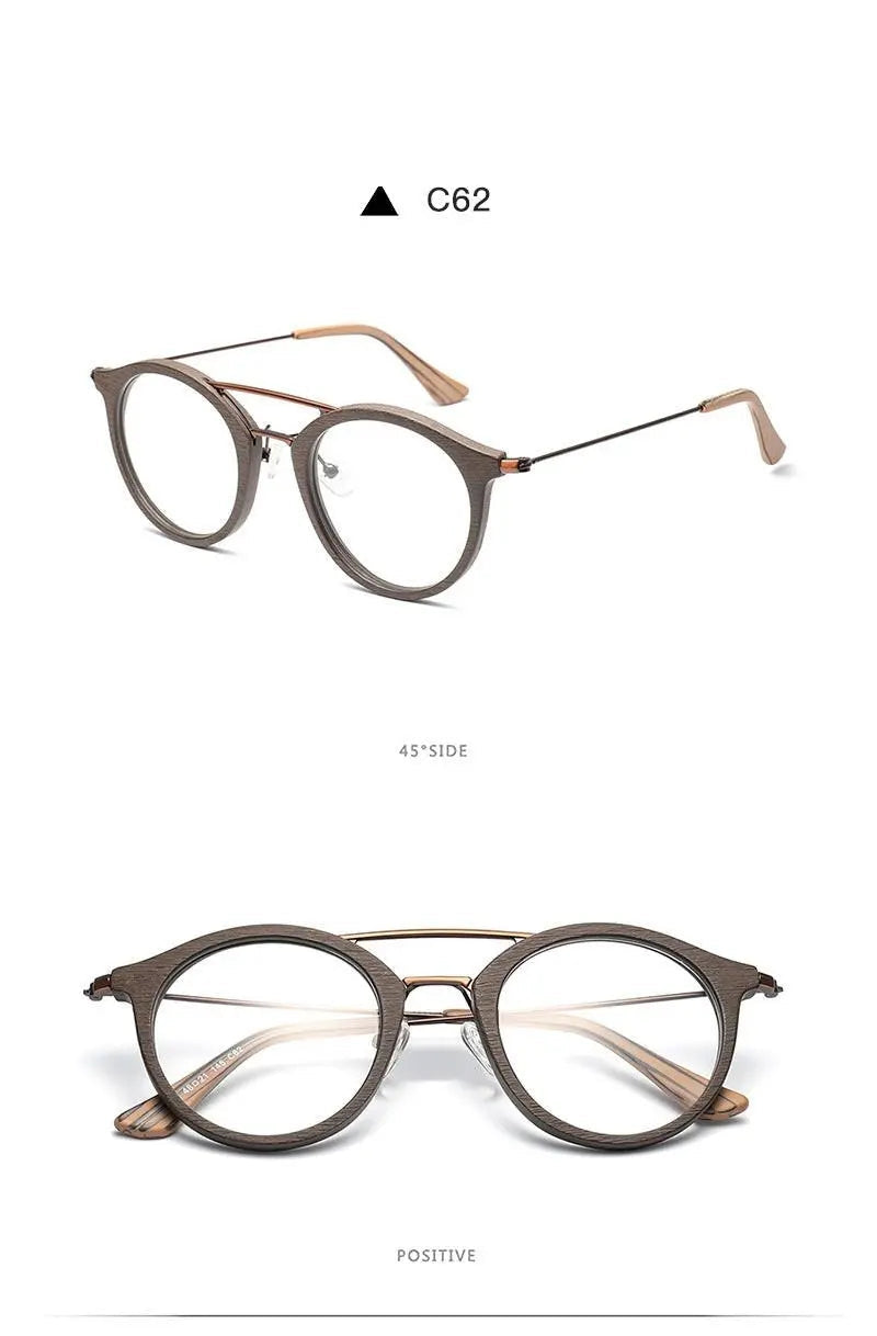 Hdcrafter Unisex Full Rim Round Wood Alloy Double Bridge Eyeglasses 4821