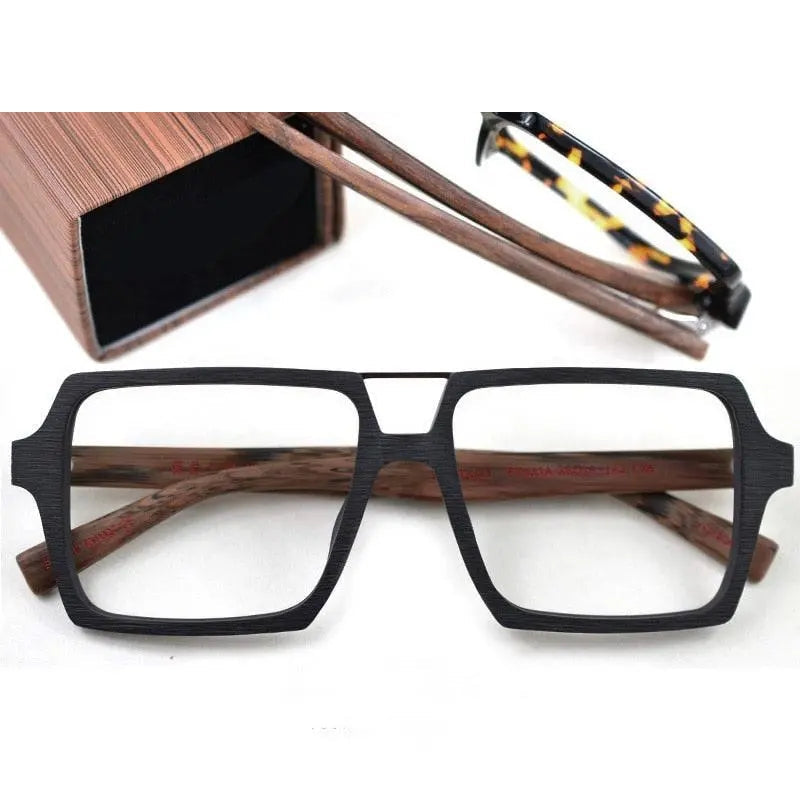 Hdcrafter Unisex Full Rim Square Double Bridge Wood Alloy Frame Oversize Eyeglasses Ps9016