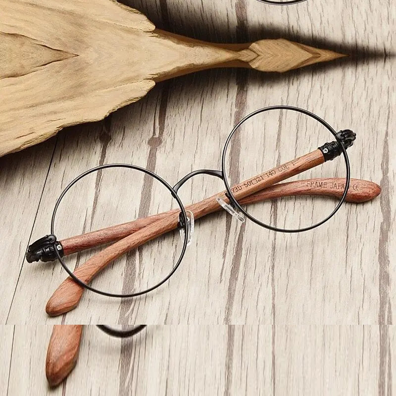 Hdcrafter Unisex Full Rim Round Wood Alloy Screwless Frame Eyeglasses 7573