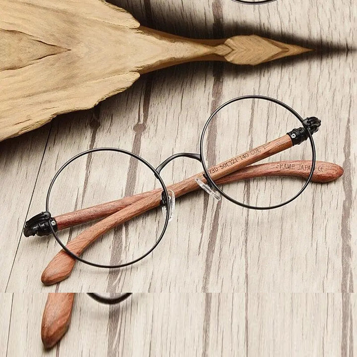 Hdcrafter Unisex Full Rim Round Wood Alloy Screwless Frame Eyeglasses 7573