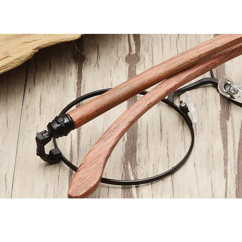 Hdcrafter Unisex Full Rim Round Wood Alloy Screwless Frame Eyeglasses 7573