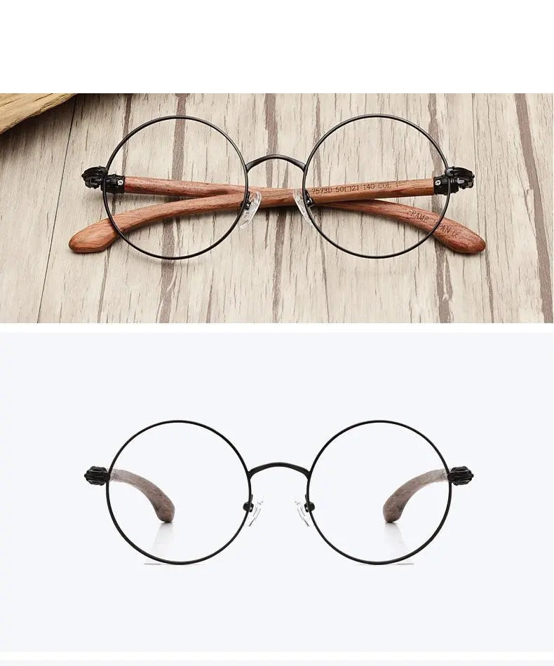 Hdcrafter Unisex Full Rim Round Wood Alloy Screwless Frame Eyeglasses 7573