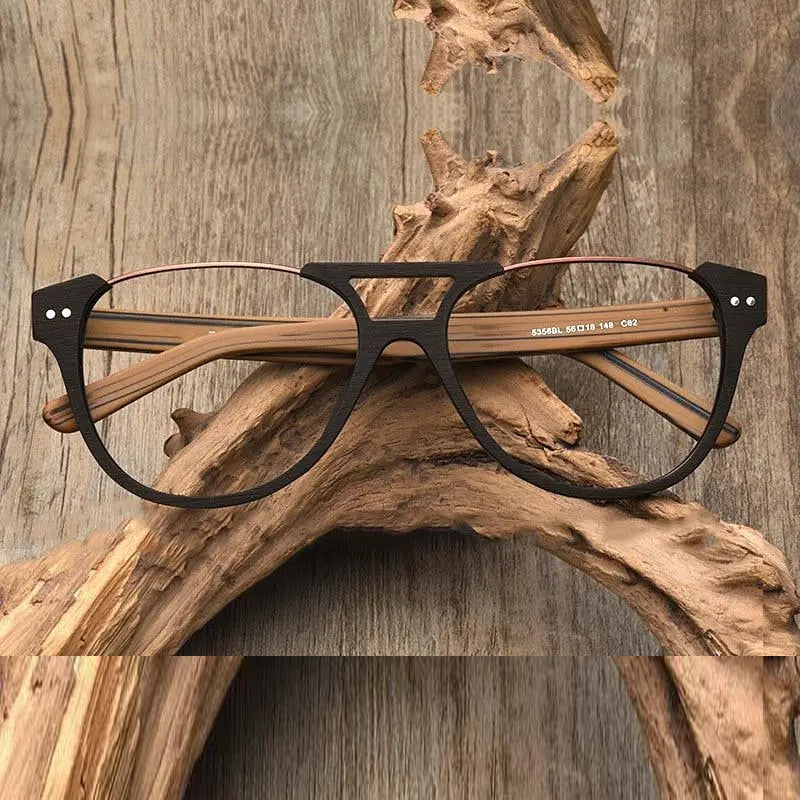 Hdcrafter Unisex Full Rim Square Double Bridge Wood Alloy Eyeglasses Ft5356