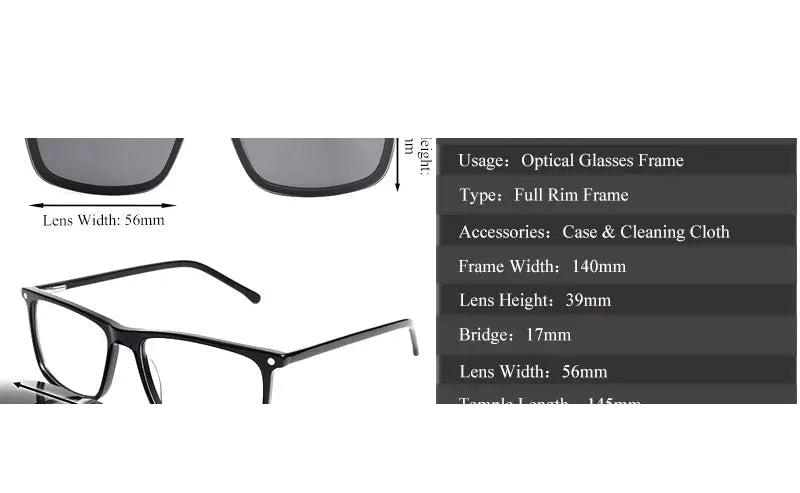 Chashma Unisex Full Rim Square Acetate Eyeglasses Clip On Sunglasses