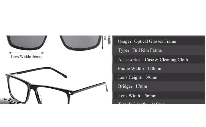 Chashma Unisex Full Rim Square Acetate Eyeglasses Clip On Sunglasses
