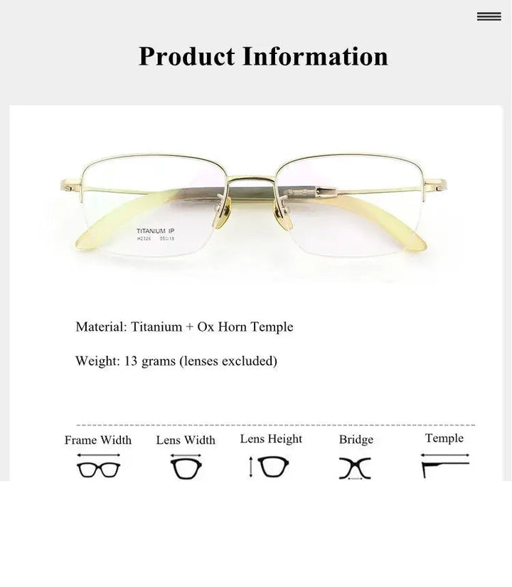 Chashma Ochki Unisex Semi Rim Square Titanium Horn Eyeglasses 312326