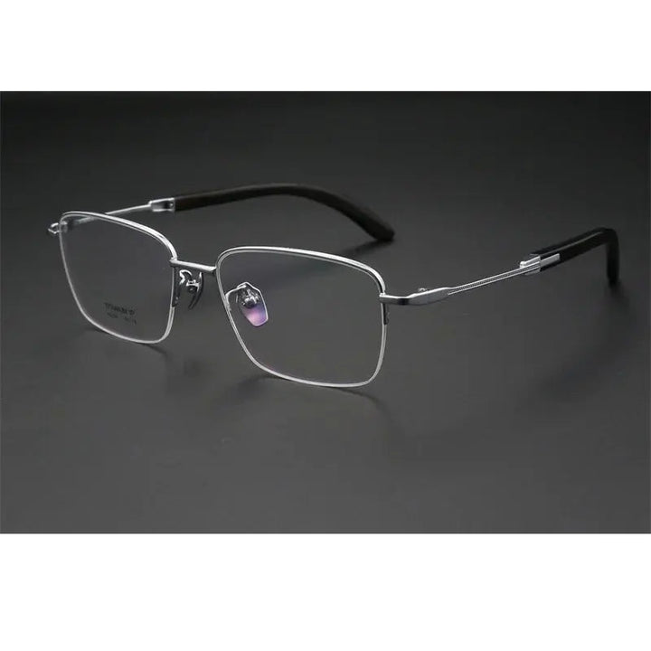 Chashma Ochki Unisex Semi Rim Square Titanium Horn Eyeglasses 312326