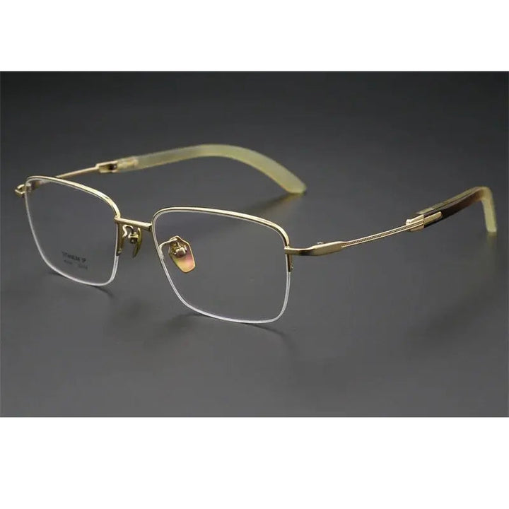 Chashma Ochki Unisex Semi Rim Square Titanium Horn Eyeglasses 312326
