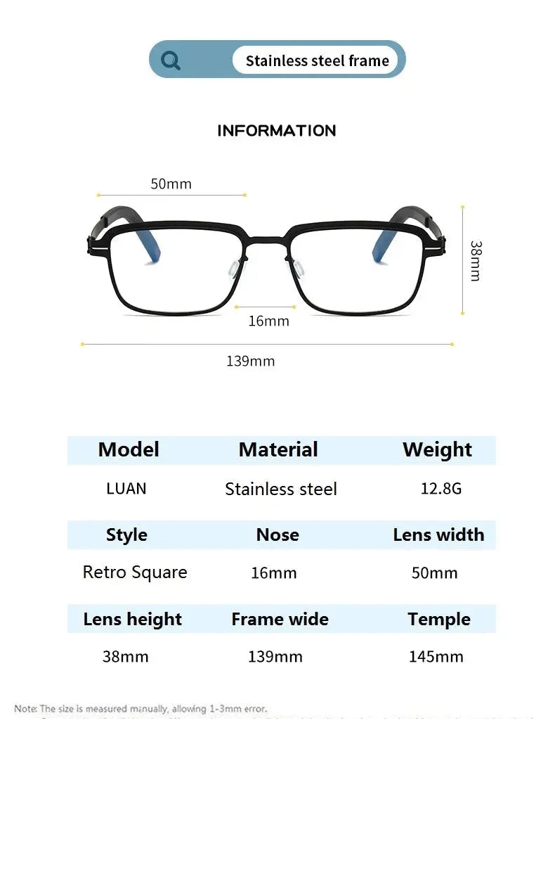 Bobbie Unisex Full Rim Square Screwless Steel Acetate Eyeglasses 165038