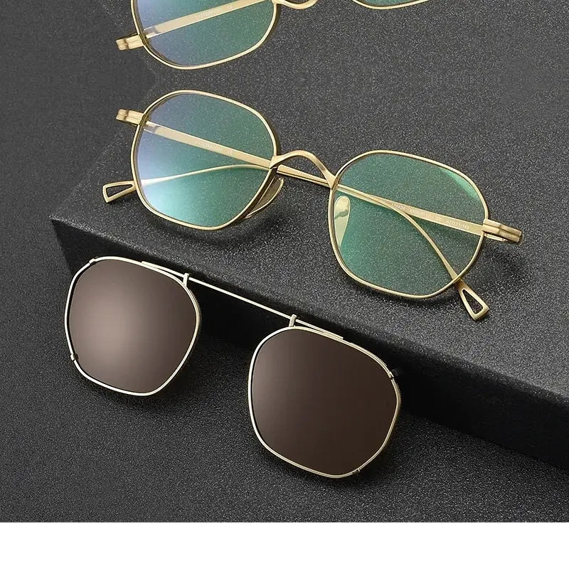 Bobbie Unisex Full Rim Polygon Titanium Eyeglasses Clip On Sunglasses 619917