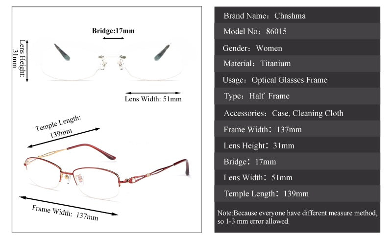 Chashma Ottica Women's Semi Rim Oval Rectangle Titanium Eyeglasses 86015.