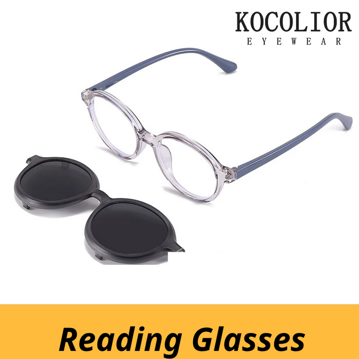 Kokolior Unisex Youth's Full Rim Round Tr 90 Alloy Reading Glasses Clip On Sunglasses 517361