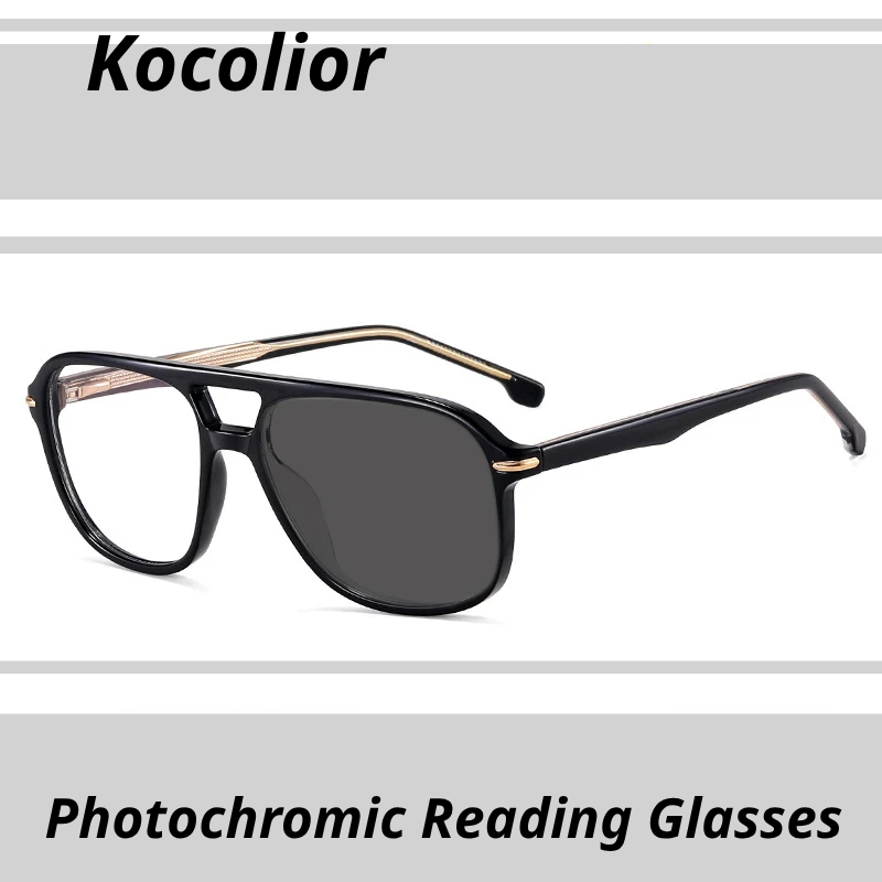 Kocolior Unisex Full Rim Square Double Bridge Tr 90 Titanium Photochromic Reading Glasses 821206
