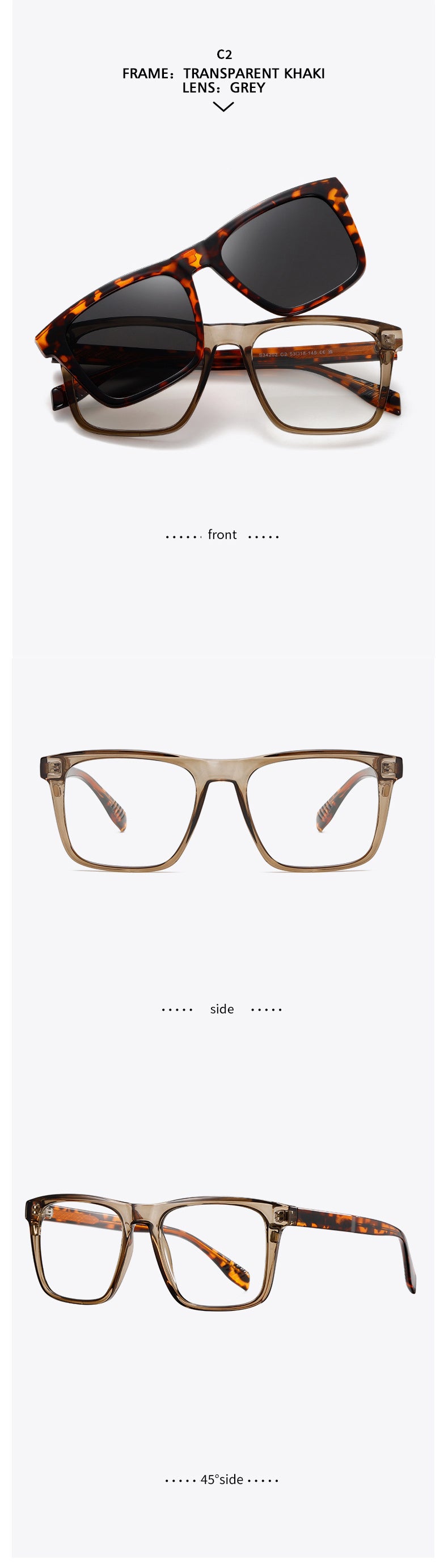 Kansept Unisex Full Rim Square Tr 90 Alloy Reading Glasses Clip On Sunglasses 34202.