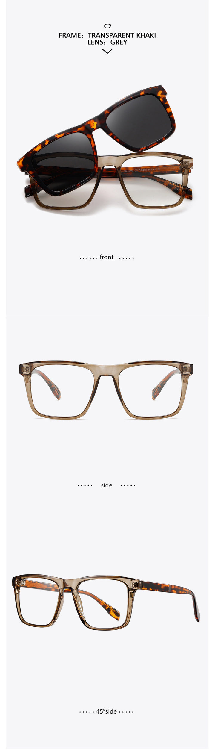 Kansept Unisex Full Rim Square Tr 90 Alloy Reading Glasses Clip On Sunglasses 34202.
