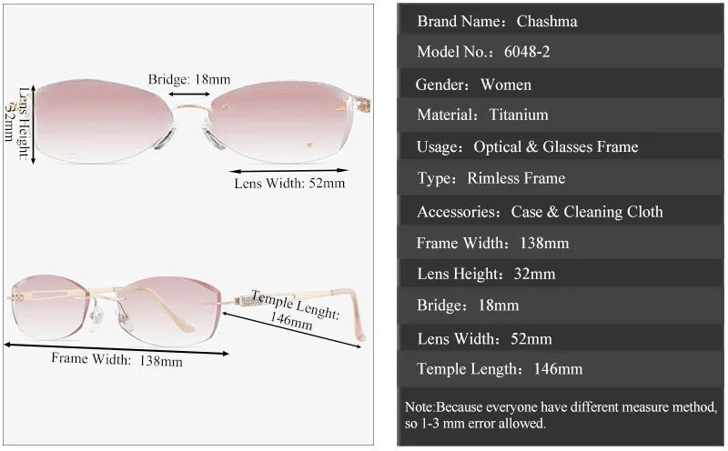 Chashma Womens  Rimless Square Titanium Eyeglasses 6048 — view 7 | Chashma at FuzWeb