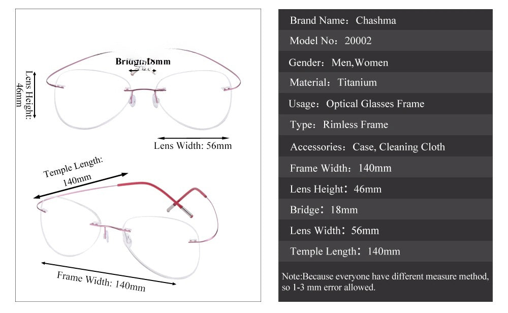 Chashma Ottica Unisex Rimless Irregular Oval Titanium Eyeglasses 20002.
